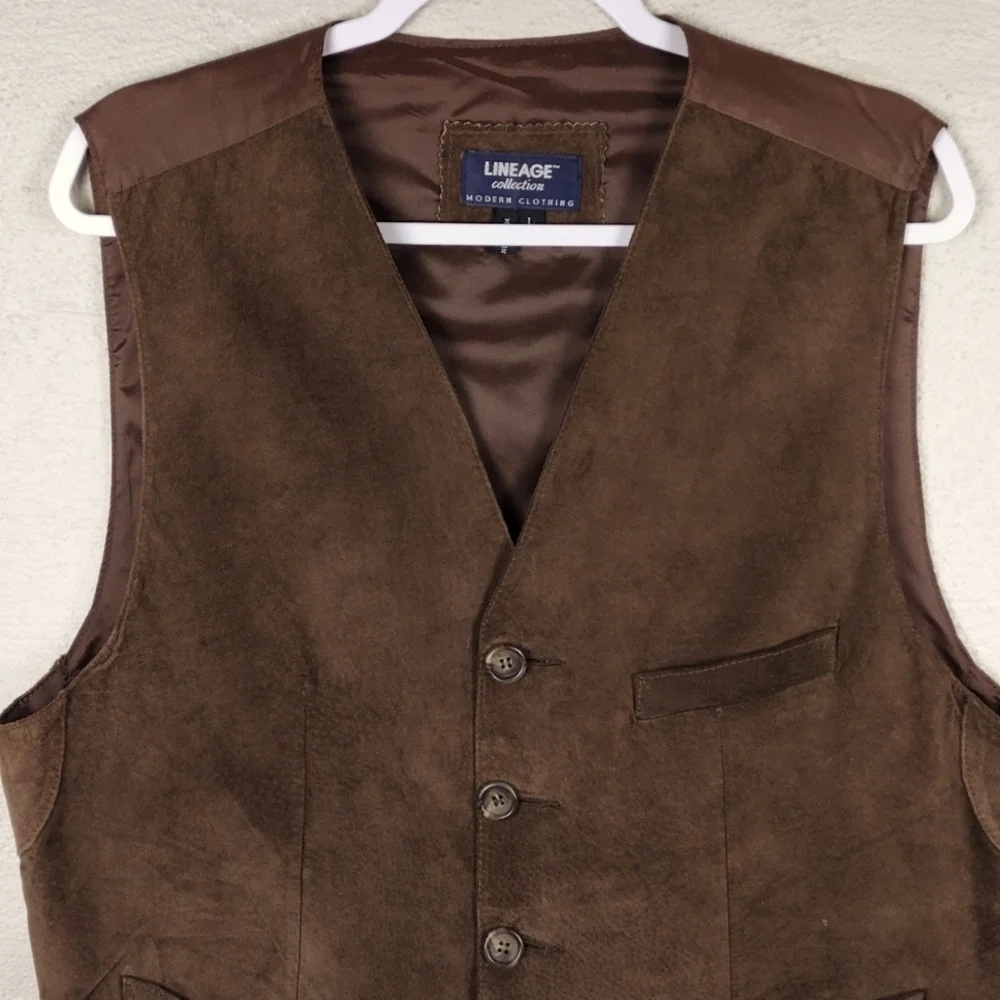 Lineage Vintage Brown Suede Leather V-Neck Sleeveless Button Front Casual Vest